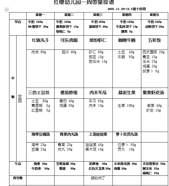 杭州市紅纓幼兒園一週帶量食譜20211129123